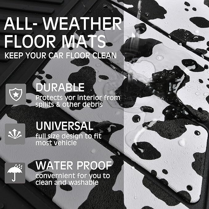 CAR PASS Heavy Duty Rubber Floor Mats Cow Print Car Mats 4-Piece Car Mat Set - Universal Waterproof Floor Mats for Car SUV Truck, Durable All-Weather Mats