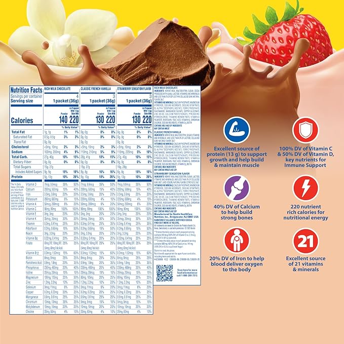 Nestle Carnation Breakfast Essentials Complete Nutritional Drink Rich Milk Chocolate/Classic French Vanilla/Strawberry Sensation Flavor 60 Ct
