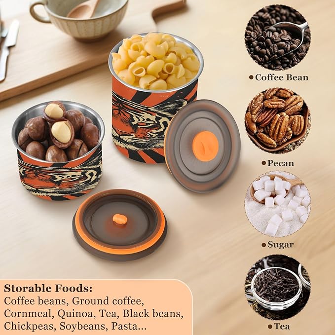 YETTASBIN Tiger Airtight Food Storage Containers 900ml/30oz, Stainless Steel Coffee Canisters with Vacuum-Lock Lid for Kitchen Organization, Coffee Bean, Tea, Sugar, Flour