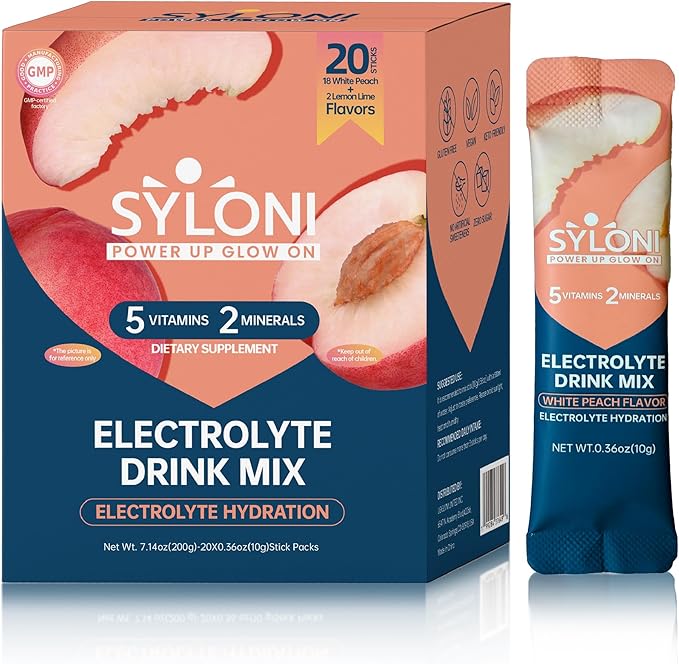 Electrolytes Powder Packets, White Peach(0.36 oz*20 Sticks), Sugar Free Hydration Packets Electrolyte Drink Mix with 7 Vitamins and Electrolytes, Keto Friendly, Vegan, Gluten Free