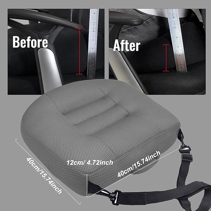 Universal Booster Seat Cushion with Adjustable Height, Breathable Mesh Portable Design with Straps, Improve Vision Improve Sitting Posture Stress Relief Driving Office Family Outdoor - Gray