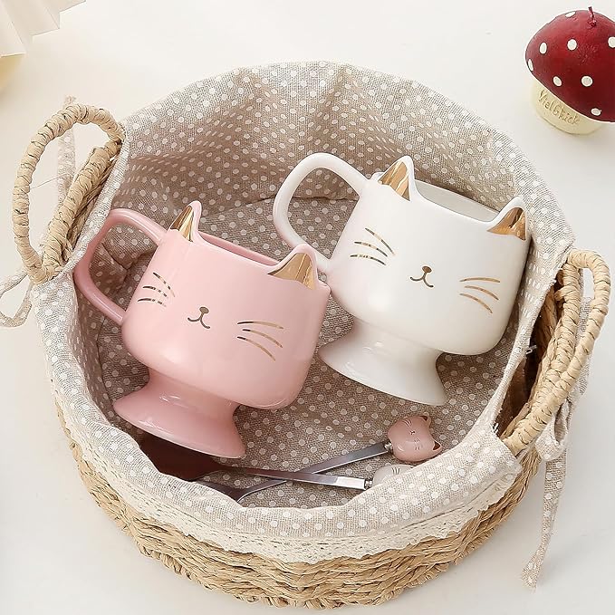 Yuwu Ceramic Coffee Mug, Cute Cat Tea Mug with Spoon, Funny Gifts for Women Girls for cat lovers (Black)