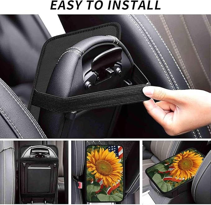Sunflower Center Console Cover Pad, American Flag Car Armrest Seat Box Cover Cushion Universal for Most Vehicle SUV Truck, Car Interior Accessories Decor, Protect from Pet Claws & Dirt