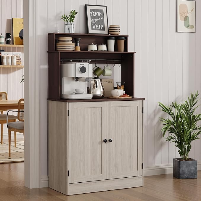 MHOM Farmhouse Bar Cabinet with Storage, Coffee Station Cabinet with 5 Hooks, Small Coffee Bar for Kitchen & Living Room, Antique Oak