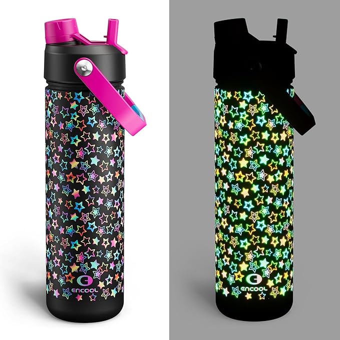ENCOOL Insulated Water Bottle with Straw Stainless Steel Water Bottle, Glow in the Dark, Leak-Proof, BPA-Free, Keeps Cold for 24 Hours for Sports, Travel, School (26 oz, Neon Starfall)
