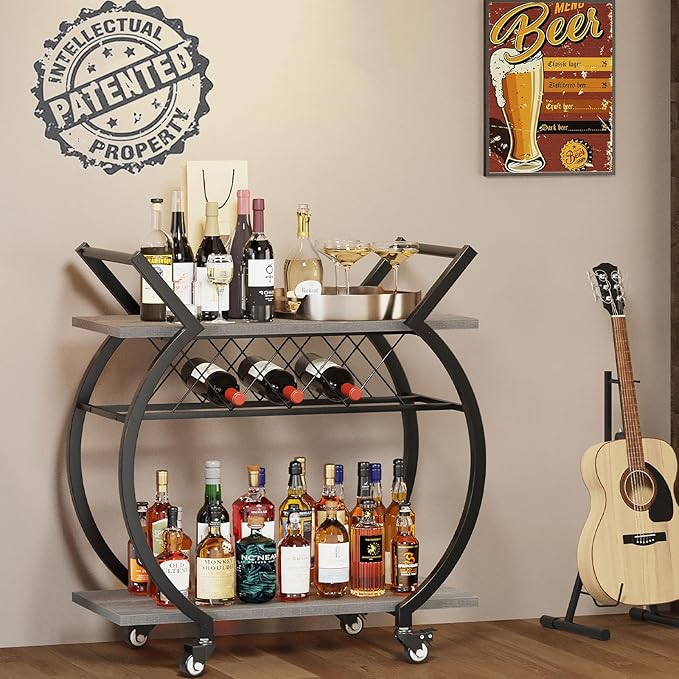 LVB Bar Cart with Wine Rack, 2 Tier Farmhouse Kitchen Cart on Wheels, Modern Wood and Metal Portable Coffee Cart Table for Home, Utility Industrial Mobile Serving Cart with Storage Shelf, Grey Oak