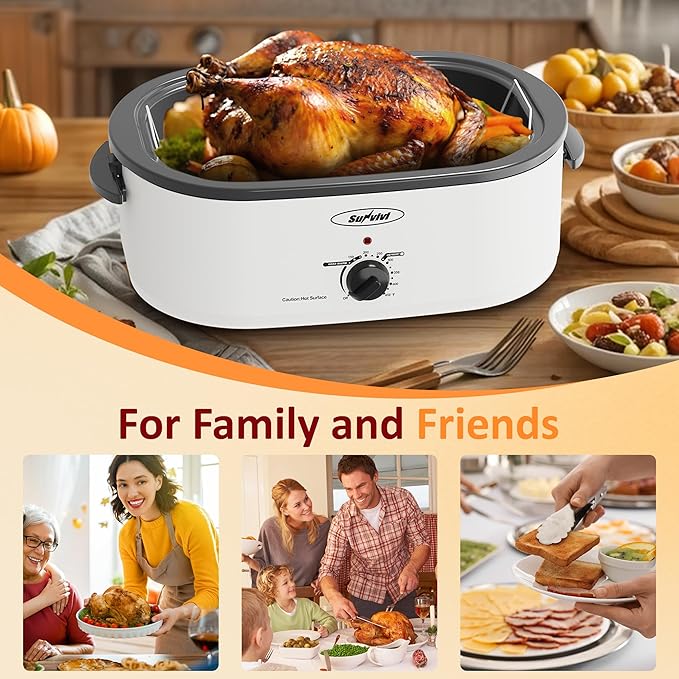 Sunvivi Electric Roaster,18 Quart Roasting Oven with Self-Basting Lid Removable Pan,Turkey Roaster Oven with 150 to 450F Temperature Control Cool-Touch Handles,White