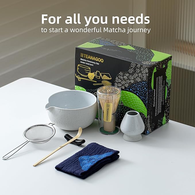 TEANAGOO Matcha Whisk Set,7 Pcs Matcha Start Set Lt.Grey,Matcha Kit for Ceremony,Matcha Tea Set with Whisk and Bowl with All Accessories,Gift for Friend/Family