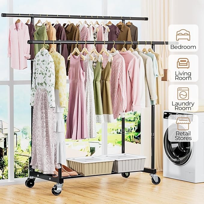 Abiglifty Double Rods Clothes Rack for Hanging Clothes, Clothing Rack with Wheels, Portable Closet Organizer for Laundry, Room (Black