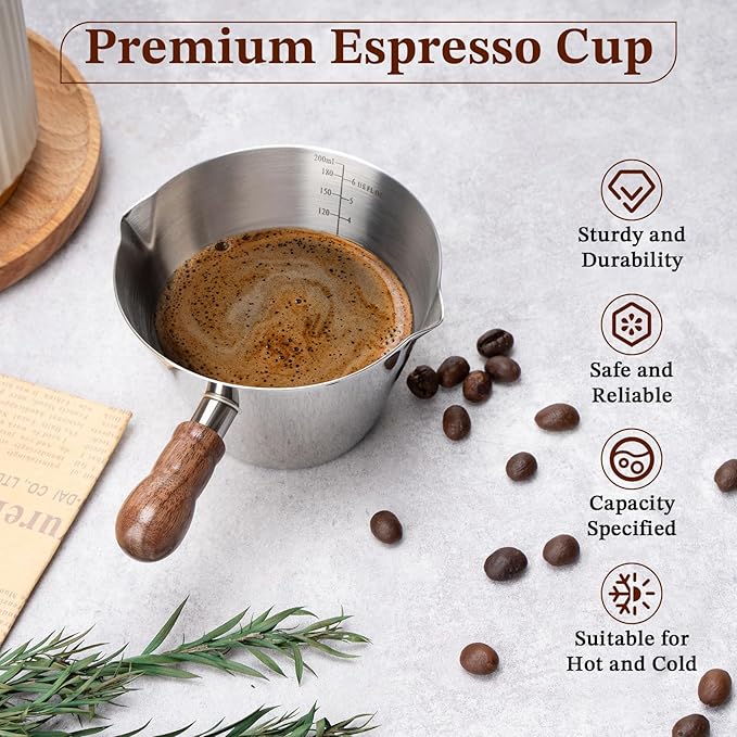 Espresso Cup, 6.8 oz/200 ml Stainless Steel Coffee Shot Measuring Cup with Wood Handle, Double V-Shaped Mouth and Clear Scale for Cappuccino Barista Coffee Bar Accessories, Silver