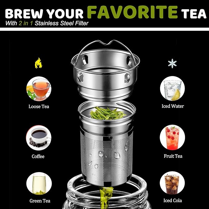 17oz Tea Tumbler with Infuser, 500ml Double Wall Borosilicate Glass Tea Bottle 100% Leak-Proof with 2 in 1 Stainless Steel Filter