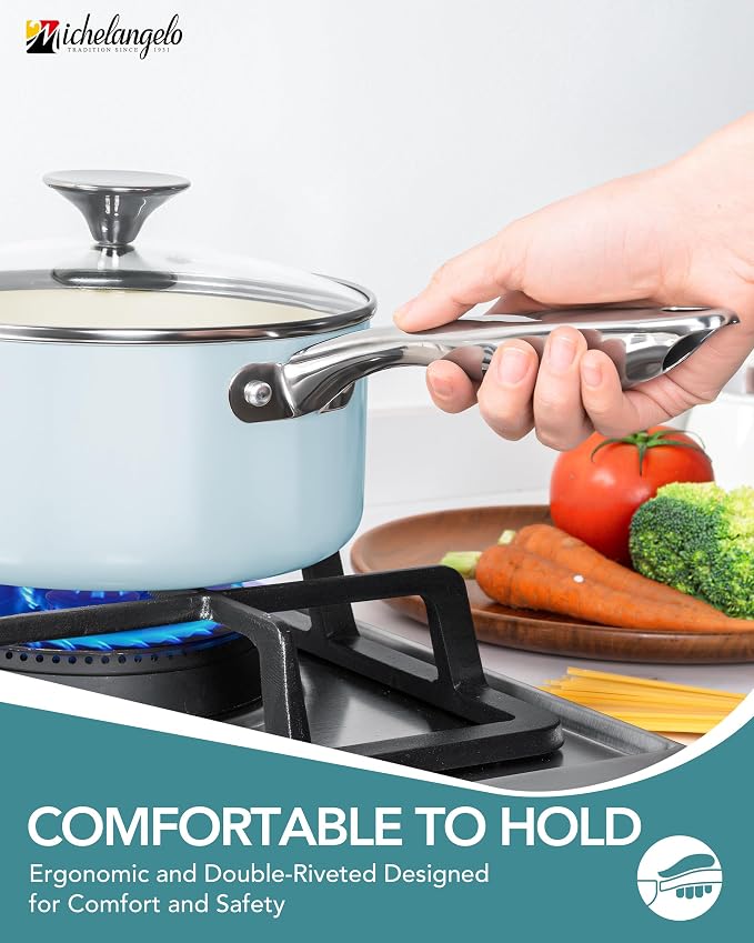 MICHELANGELO Pots and Pans Set Non Stick, 8-Piece Ti-infused Ceramic Cookware Set with Silicone Utensils - Induction Compatible, Oven Safe, PFOA-Free, Blue