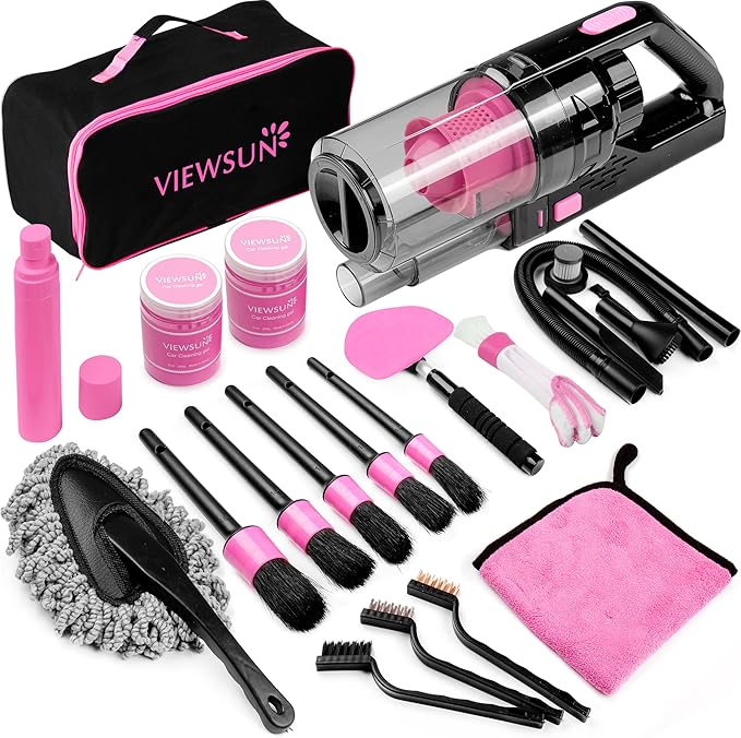 Viewsun 37pcs Car Cleaning Kit, Pink Car Interior Detailing Kit with High Power Handheld Vacuum, Detailing Brush Set, Windshield Cleaner, Cleaning Gel, Complete Car Cleaning Supplies for Women