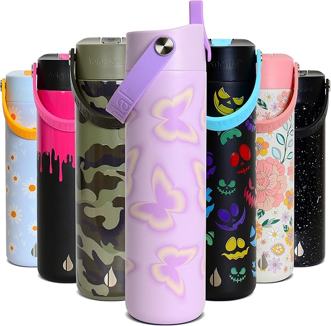 Elemental 24oz Insulated Water Bottle with Straw - 100% Leak-Proof Stainless Steel Core Water Bottles for Travel, Sports and Gym - Double Wall Insulation & BPA Free - Butterfly Kiss
