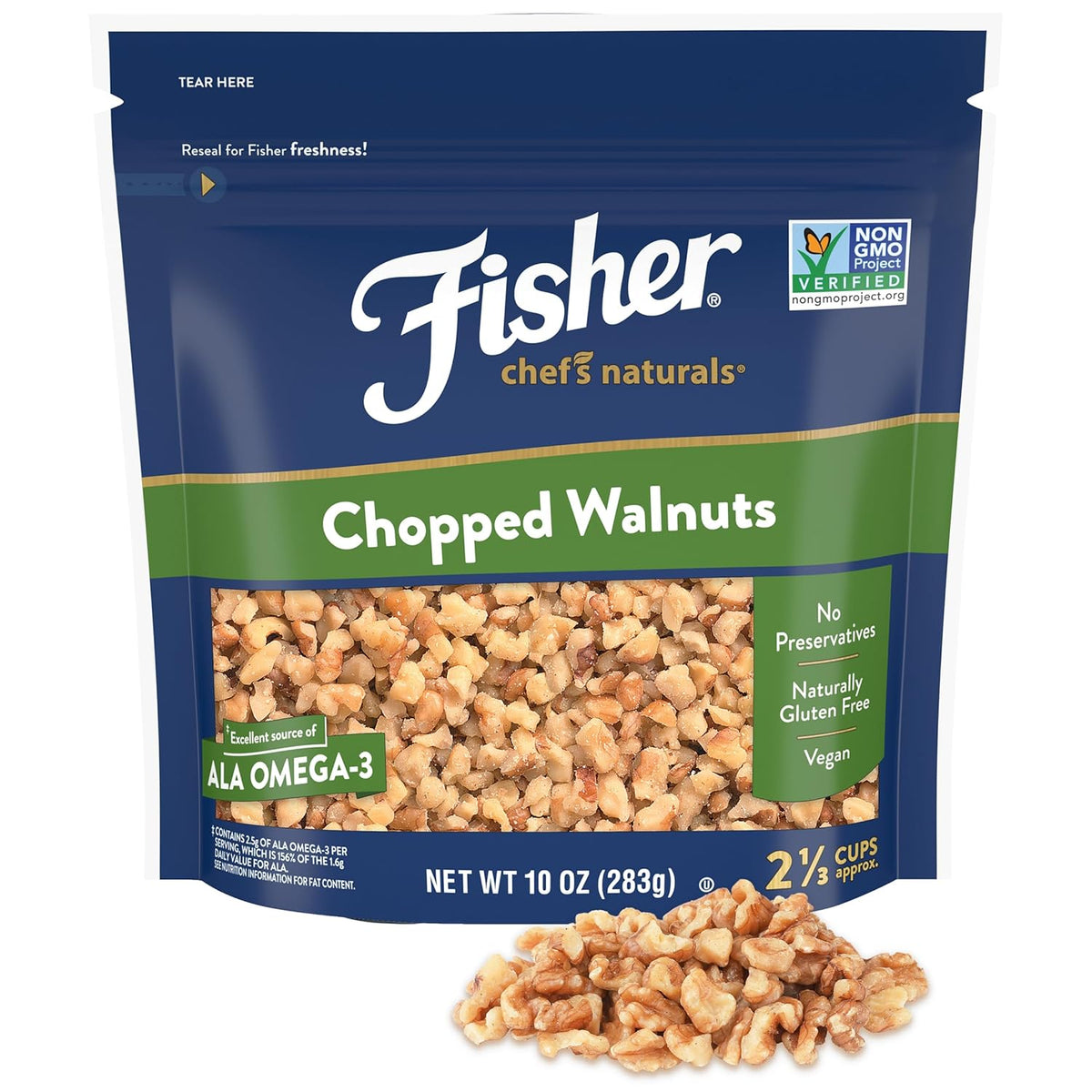 Fisher Chef's Naturals Walnut Halves & Pieces 16 oz, 100% California Unsalted Walnuts for Baking & Cooking, Healthy Snacks for Adults, Resealable Bag, Vegan Protein, Keto Snack, Chopped Nuts, Topping