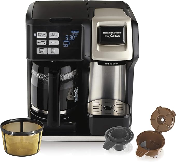 Hamilton Beach FlexBrew Trio 2-Way Coffee Maker, Compatible with K-Cup Pods or Grounds, Single Serve & Full 12c Pot, Permanent Gold-Tone Filter, Black & Silver
