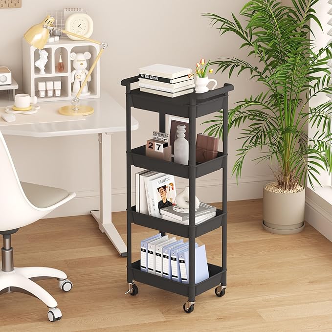 MIOCASA Utility Rolling Cart with Detachable Tray Top, 4-Tier Kitchen Storage Organization, Art Cart with Wheels for Office, Classroom, Livingroom, Kitchen, Bathroom (Black, 4-Tier-Plastic)