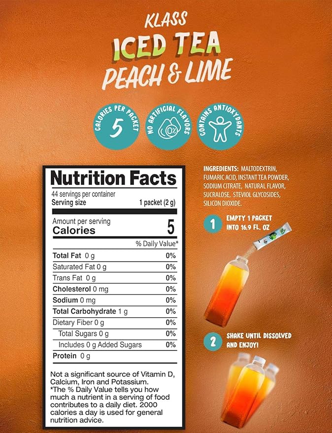 Klass Iced Tea, Powdered Drink Mix Variety Pack, 44 Singles Zero Sugar & Caffeine-Free Powder Packets, Water Drink Mix, Flavors: Peach & Lime Black Tea - 5 Calories Per Packet & Natural Flavors