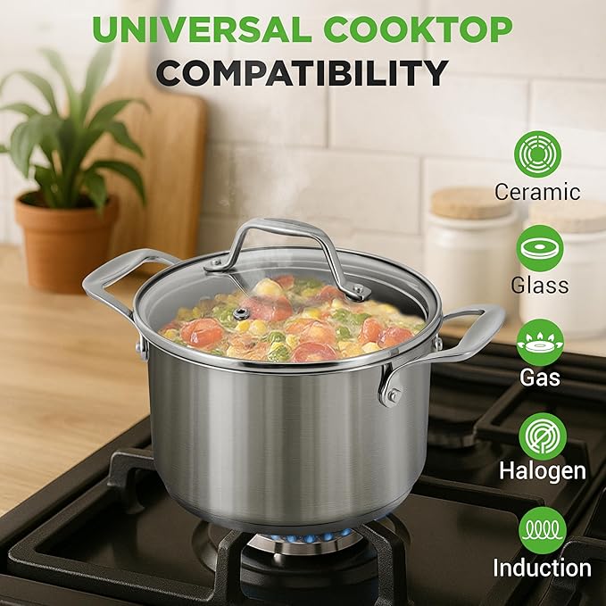 NutriChef 3-Quart Stainless Steel Soup Pot - 18/8 Food Grade Heavy Duty Cookware, Stock Pot, Stew Pot, Simmering Pot Kitchenware w/See Through Lid, Dishwasher Safe, For Induction Gas Ceramic Cooktops