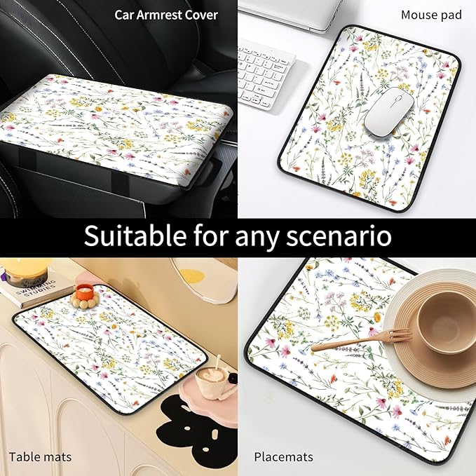 Car Center Console Cover, Universal Soft Large Neoprene Auto Armrest Seat Box Cover, Funny Car Decor Accessories Fit for Most Cars, Vehicles, SUVs Cute Beautiful Wildflowers