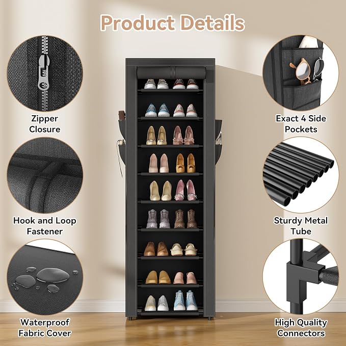 LANTEFUL Narrow Shoe Rack with Cover 10 Tier Tall Shoe Rack Organizer Large Capacity Shoe Shelf Storage 18-22 Pairs Space Saving Free Standing Shoe Storage Organizer for Closet, Entryway, Dorm, Black