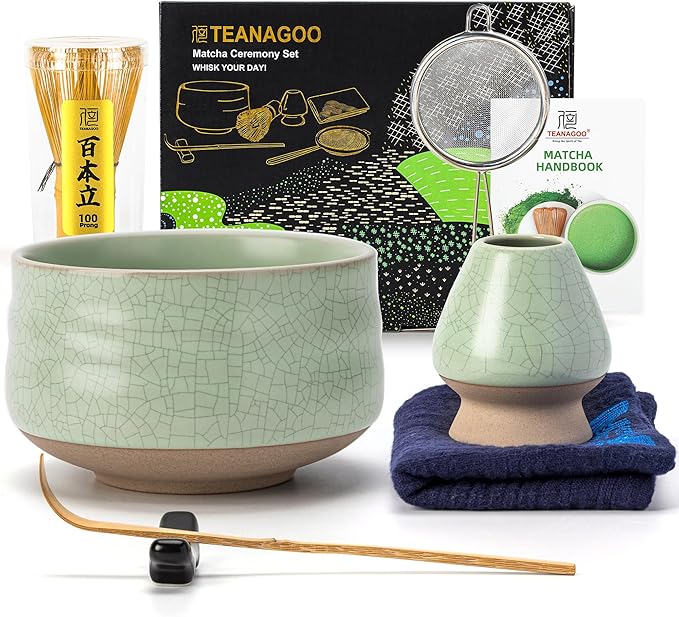 TEANAGOO Matcha Whisk Set Green, 7 Pcs Matcha Set, Matcha Kit for Ceremony, Matcha Tea Set for Making Breakfast/Latte,Whisk Set and Ceramic Bowl with All Accessories, Gift for Family/Friend