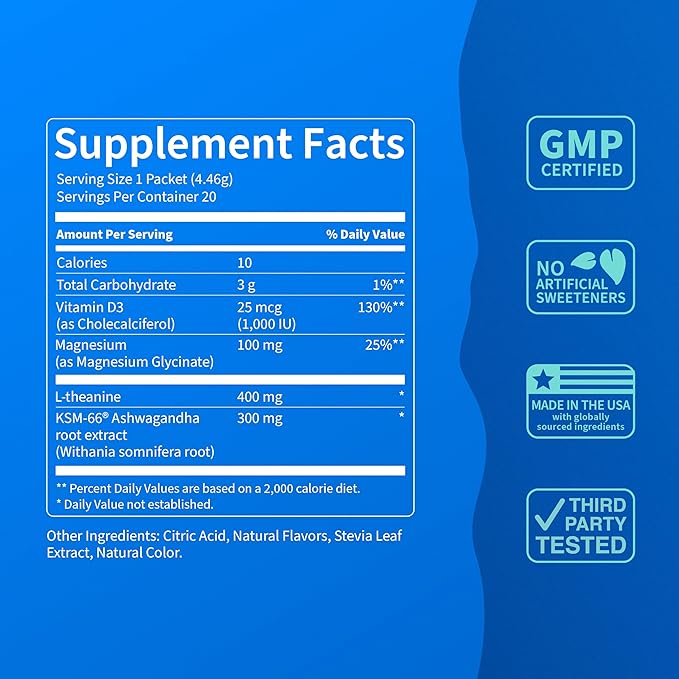 Nello Supercalm Powdered Drink Mix, Cortisol Reducer* and Sleep Aid Supplement, L Theanine, Ksm-66 Ashwagandha, Magnesium Glycinate, Vitamin D 3, No Sugar, Non GMO, On The Go, 20 Ct, Yuzu Guava