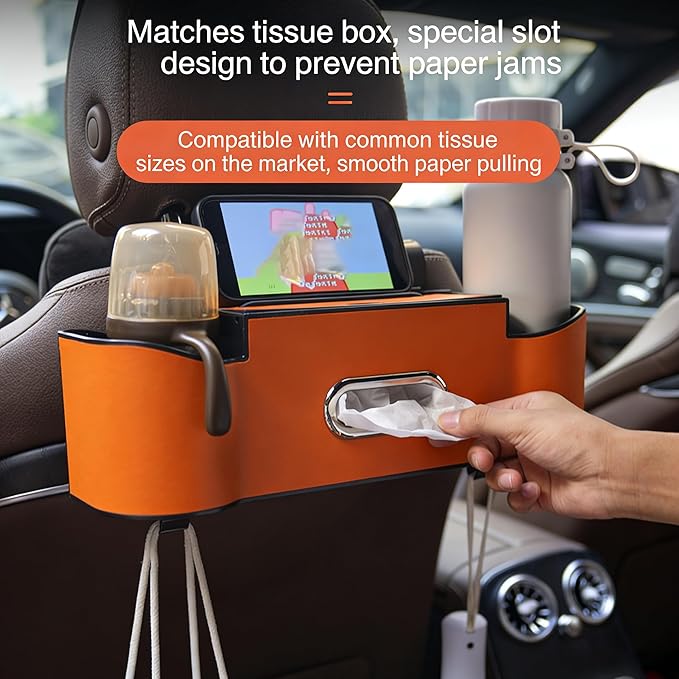 5-in-1 Car Backseat Organizer, 2026 Multifunctional Seat Back Storage Box with Cup Holder, Tissue Box, Phone Holder and 2 Hooks, Premium Leather Car Organizer for Tidy Car (Red-1pc)