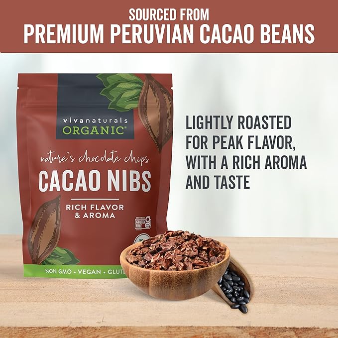 Viva Naturals Organic Cacao Nibs, Unsweetened, 2 LB (907 g), Keto Friendly, Vegan, Non-GMO, Gluten-Free Chocolate Chip Substitute