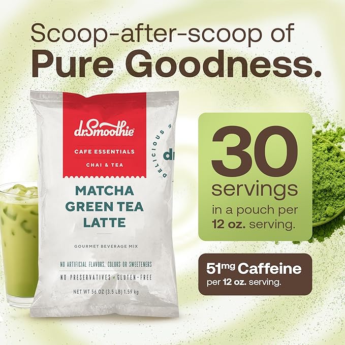 Dr. Smoothie Café Essentials Matcha Green Tea Latte – No Artificial Colors, Flavors, or Sweeteners – Shelf Stable – 51mg of Caffeine – Great for Hot, Iced, & Frozen Frappes (3.5 lb Bag, 30 Servings)