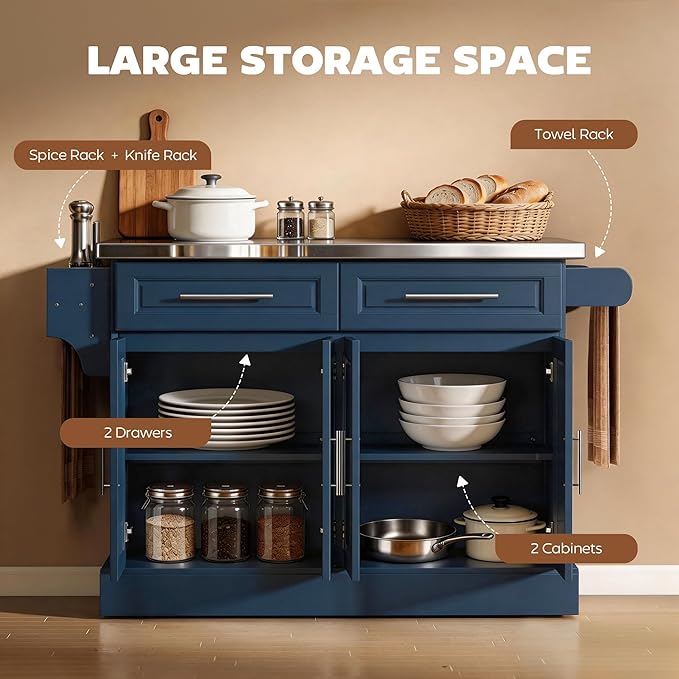 HOMCOM Rolling Kitchen Island Cart with 47" Stainless Steel Top, Portable Island Table for Kitchen with Wheels, Adjustable Shelves, 2 Drawers, Spice, Knife and Towel Rack, Navy Blue