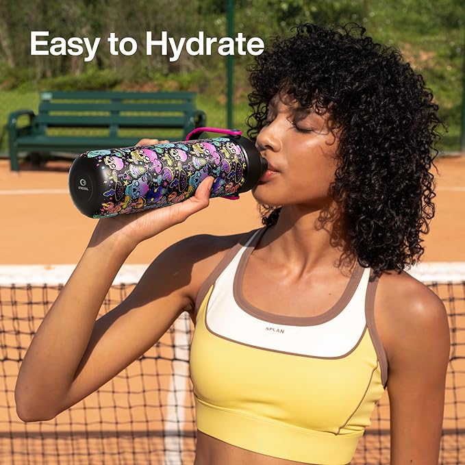 ENCOOL Insulated Water Bottle with Straw Stainless Steel Water Bottle, Leak-Proof, BPA-Free, Double Wall Vacuum Keeps Cold for 24 Hours for Sports, Travel, School (26 oz, Trippy Skulls)