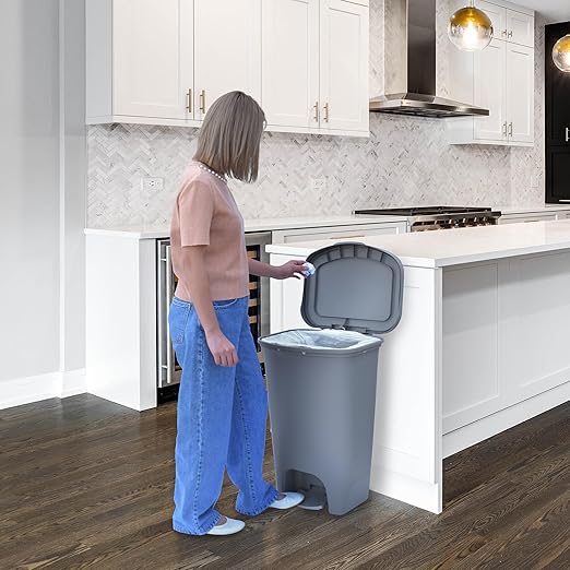 Glad 13 Gallon Trash Can with Clorox Odor Protection | Plastic Kitchen Waste Bin | Hands Free with Step On Foot Pedal and Garbage Bag Rings, Grey