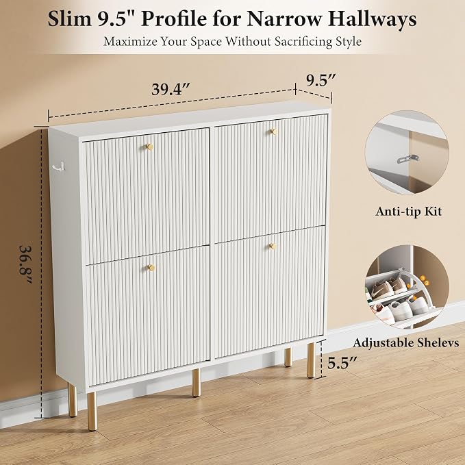 Nicetree Shoe Storage Cabinet for Entryway - 4 Flip Drawers Shoe Cabinet with Tiered Fluted Design - Slim Shoe Storage Rack with Gold Legs - Narrow Shoe Cabinet Hidden Shoe Organizer for Small Spaces