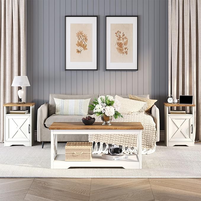 3-Piece Farmhouse Living Room Table Sets, Includes 1 x Coffee Table, 2 x End Tables with Charging Station & USB Ports, Rustic Coffee Table Set of 3, Distressed White