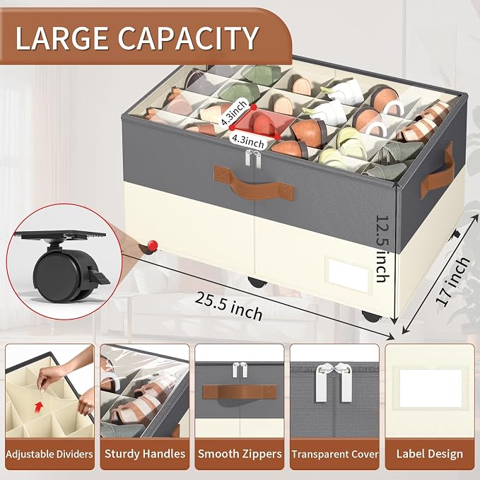 Shoe Organizer for Closet, 2 Pack Shoe Storage Organizer with Wheels and Adjustable Dividers, Shoe Storage Box with Clear Cover, Foldable Closet Shoe Organizer Fits up to 24-48 Pairs, Gray and Beige