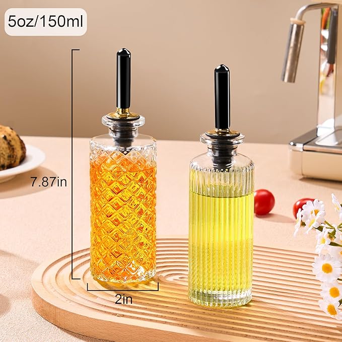 Glass Coffee Syrup Dispenser Bottles Set - 2 Pack, 5 OZ with Metal Pour Spouts and Labels, Perfect for Maple, Honey Syrup & Oil