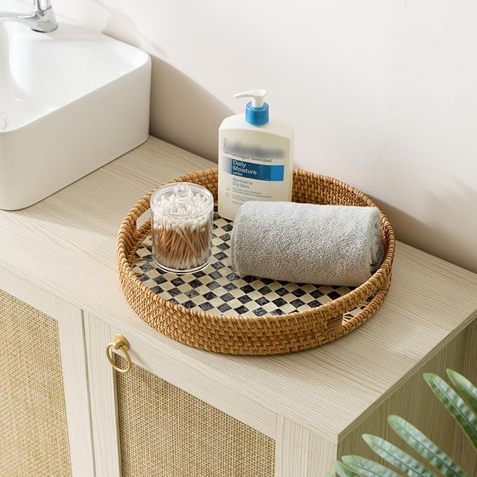 YANGQIHOME Round Rattan Tray with Handle, Mother of Pearl Inlay Decorative Wicker Basket for Coffee, Bread, Fruits, Serving Tray for Home Decor, Checkerboard