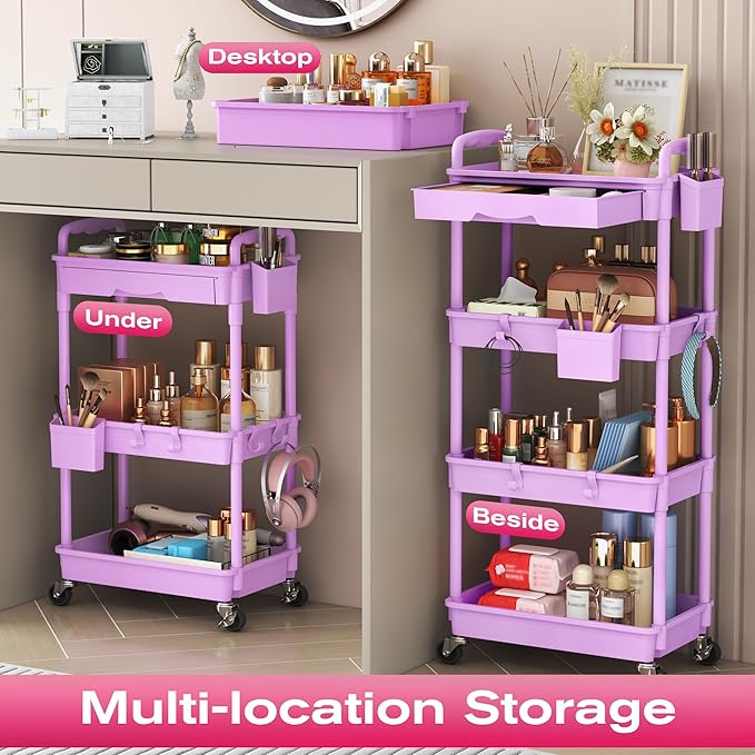 Goovilla Rolling Makeup Organizer Cart with Removable Drawer, 4 Tier Stable Purple Floor Skincare Storage Cart for Vanity, Cosmetic Display, Nail Polish, Perfume, Hair Stuff, Beauty, Bathroom(Plastic)