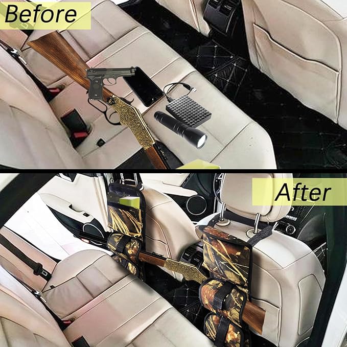 Seat Back Gun Rack, 2 Pack Truck Gun Rack Foldable Car Seat Back Gun Holder Camo Rifle Holder with Storage Pockets, Gun Sling Bag for Hunting Rifles/Shotguns, Fit Most Truck SUV