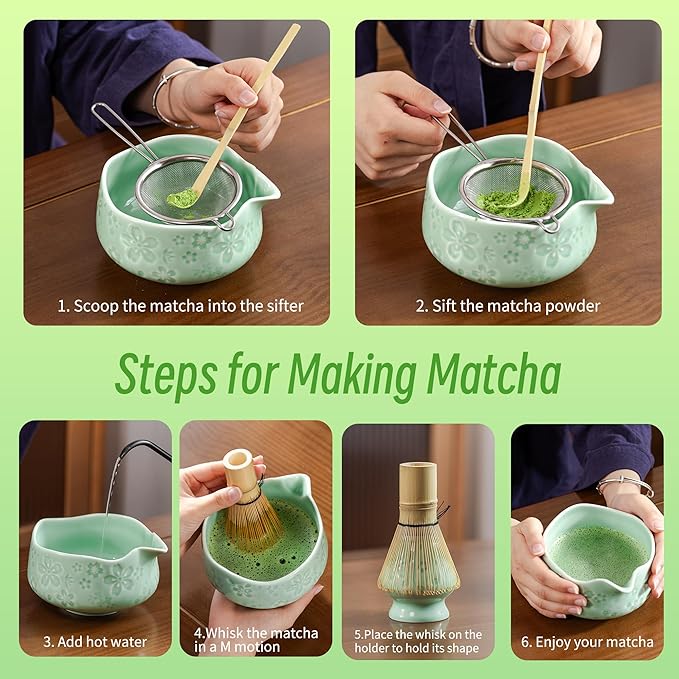 TEANAGOO Matcha Whisk Set,7 Pcs Matcha Set Blue Green,Ceremony Matcha Kit,Matcha Tea Set for Making Latte,Ceramic Bowl(chawan) whith Spout and Whisk,Gift for Matcha Lovers