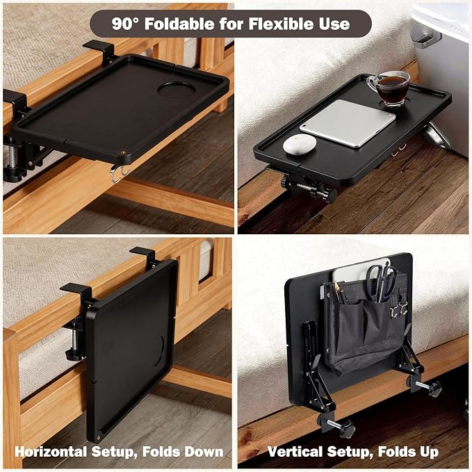 Foldable Bedside Shelf - Bamboo Bedside Shelf with Storage Bag Metal Clip-On Bed Tray Table for Bunk Bed & Dorm Beds, Space Saving Nightstand for Loft Beds