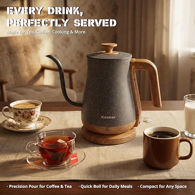 Electric Tea Kettle, Electric Kettle Stainless Steel, 1000W Tea Kettle Electric Auto Shut Off, 0.8L, Wood-like Grain Finish Handle, Ice Crackle