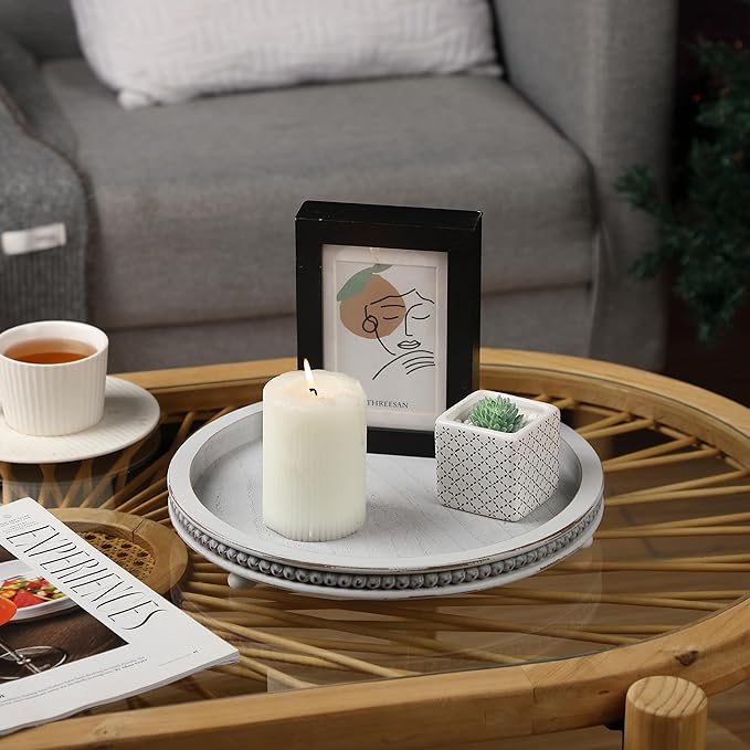 Bamboo Land- Round Decorative Trays for Coffee Table, 12", Light Gray, Wood Tripod & Beaded Design, Wooden Round Tray for Coffee Table