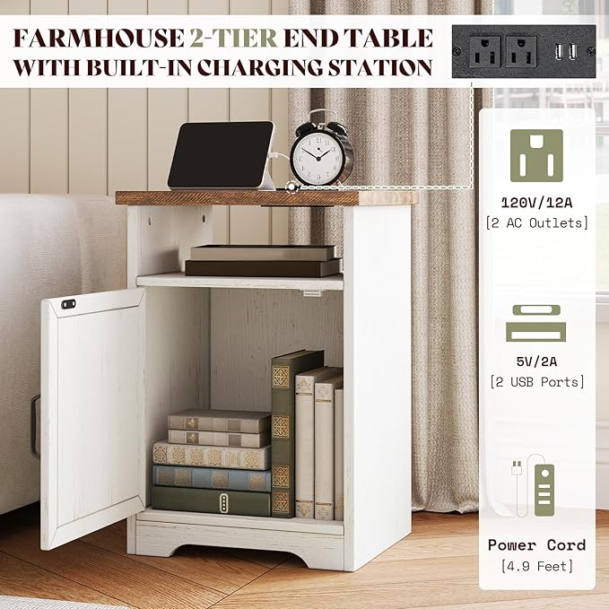 AMERLIFE 3-Piece Farmhouse Living Room Table Set with Coffee Table & 2 End Tables, Charging Station & USB Ports, Distressed White