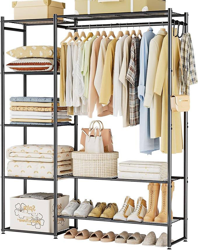 Neprock Wardrobe Closet, Portable Clothing Rack for Hanging Clothes, Free Standing Closet Organizers and Storage System with 4 Tiers Shelves for Cloakroom Bedroom, Black
