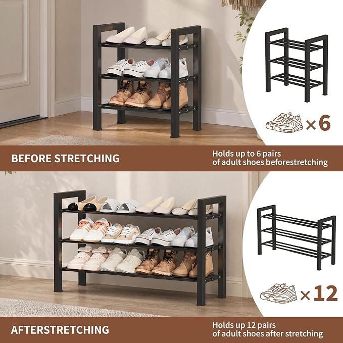 Upgraded 3-Tier Expandable Shoe Rack, Adjustable Shoe Shelf Storage Organizer Heavy Duty Metal Free Standing Shoe Rack for Entryway Closet Doorway (Black)