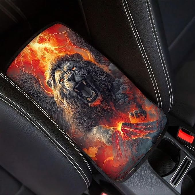 Lion Print Car Center Console Armrest Cover Dust-Proof Decorative Armrest Box Protector Cushion Pad for Most Vehicles, Universal Fits