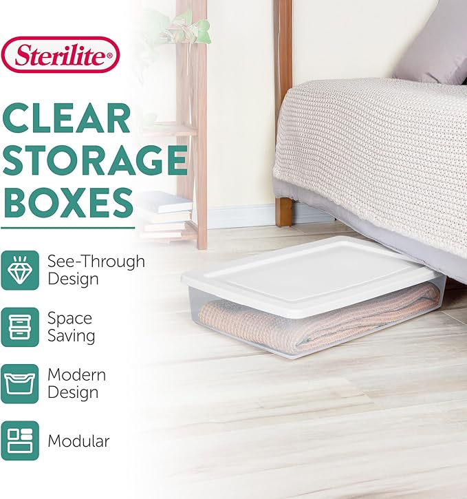 Sterilite 24-Pack 41 Quart Storage Box, Stackable Clear Plastic Bins with Snap-On Lids - Heavy-Duty Organizing Containers for Closet, Bathroom, and Office