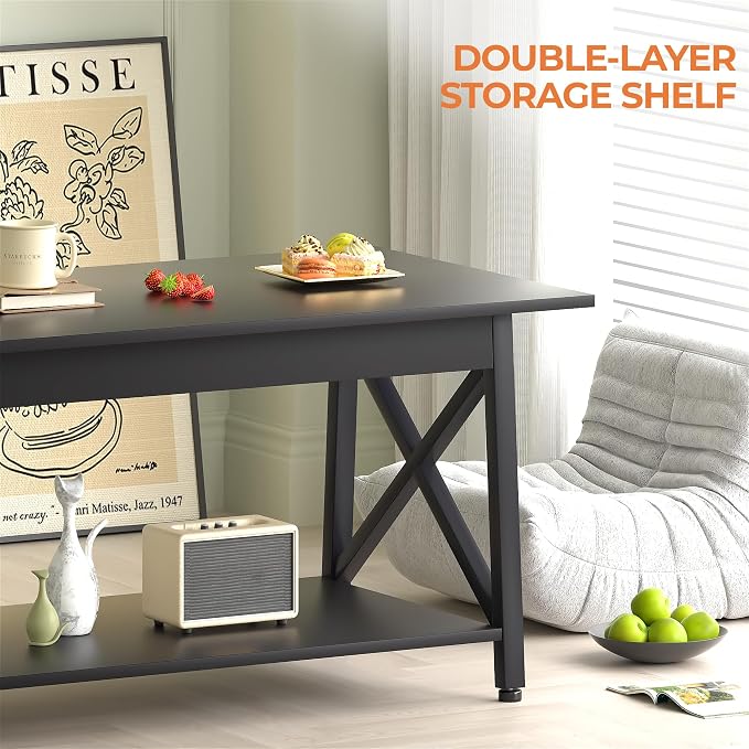 GreenForest Black Coffee Table with Storage Shelf 39 inch, 2 Tier Rectangular Center Table for Living Room,Modern Farmhouse Small Table for Home Office,Easy Assembly